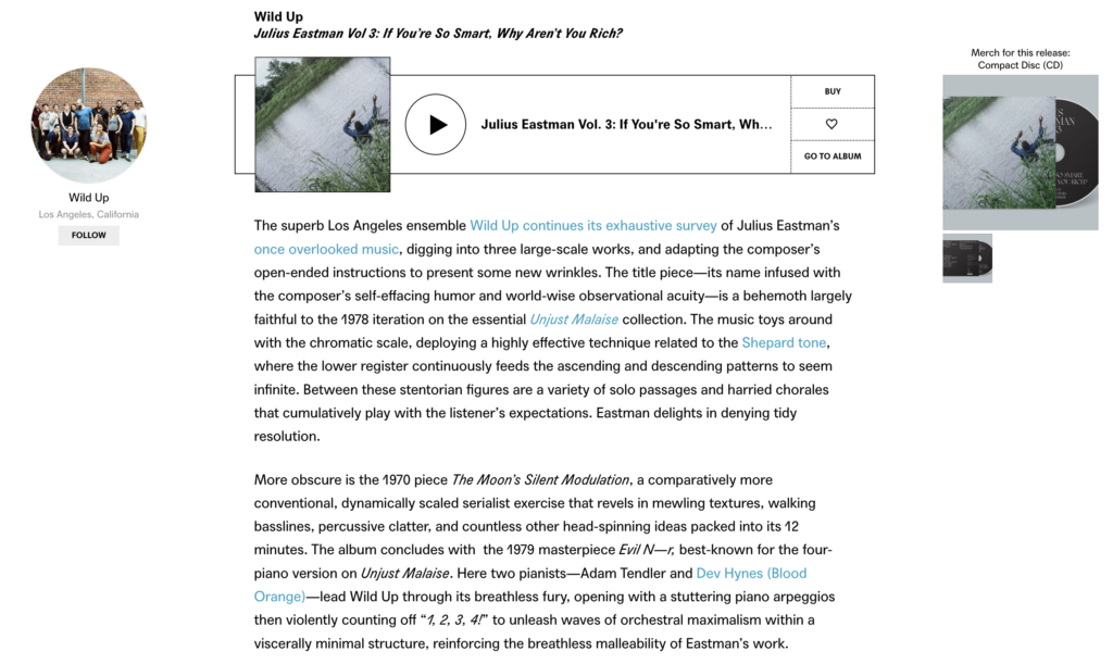 Screenshot of Bandcamp – The Best Contemporary Classical on Bandcamp: June 2023 (article referring to Wild Up Julius Eastman Anthology Vol. 3)