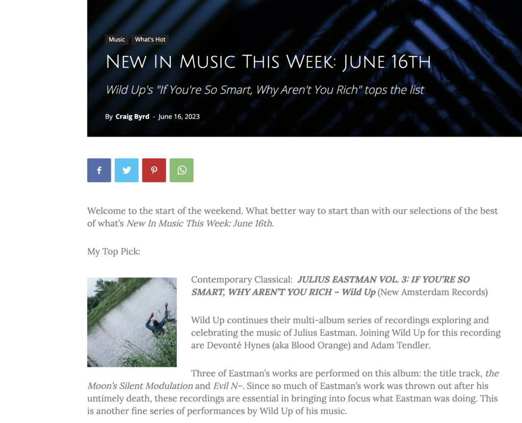 Screenshot of Cultural Attache – New in Music This Week: June 16th (article referring to Wild Up Julius Eastman Anthology Vol. 3)